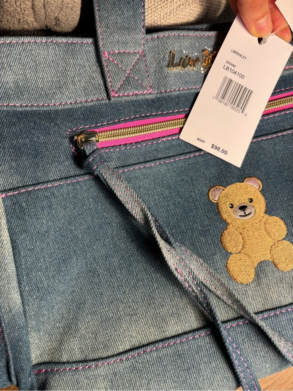NWT Betsey Cute Blue Denim Tote Bag with Teddy Embroidery